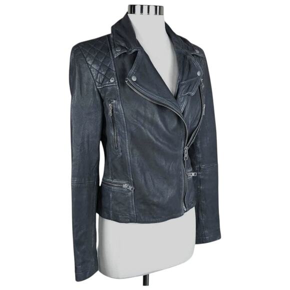 AllSaints Cargo Distressed Leather Biker Jacket Black/Gray EU 34, US 2 - Picture 6 of 14